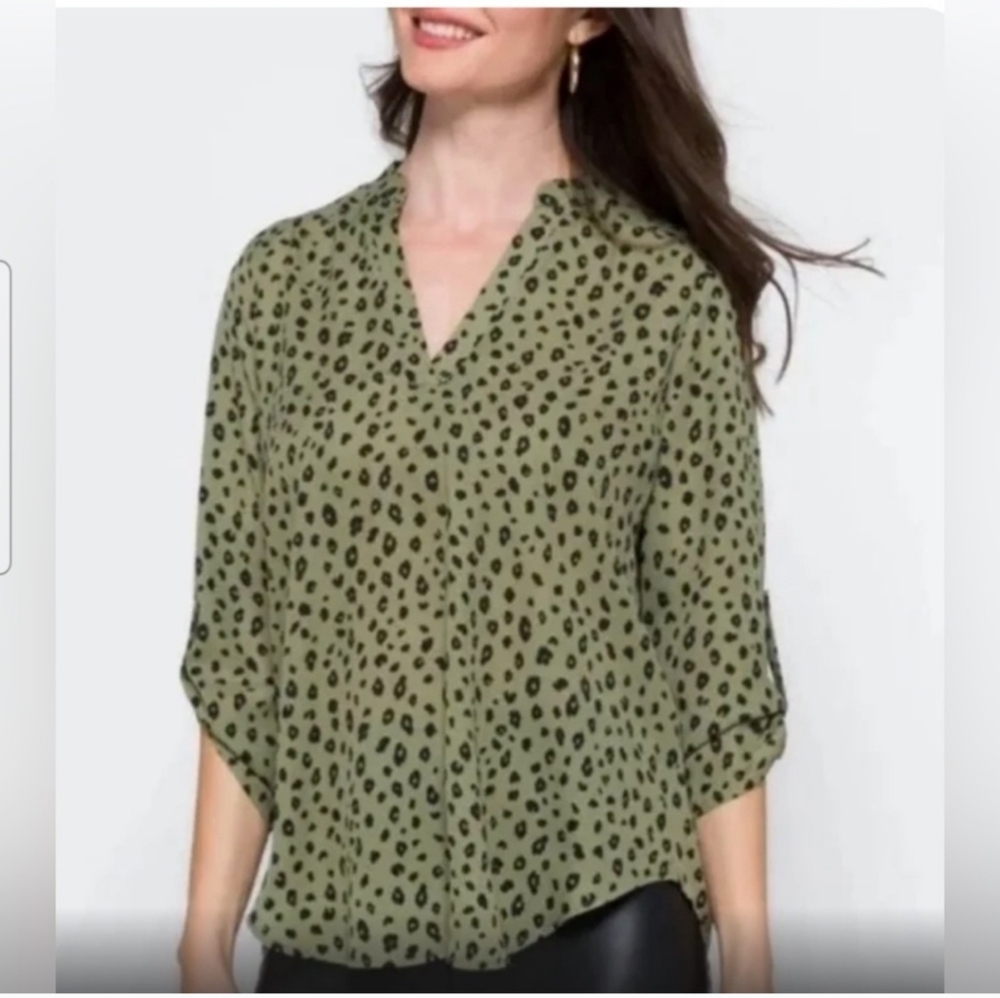 Lush Warren Split Neck Blouse Women's Medium Sage Black Leopard Spring Flowy EUC